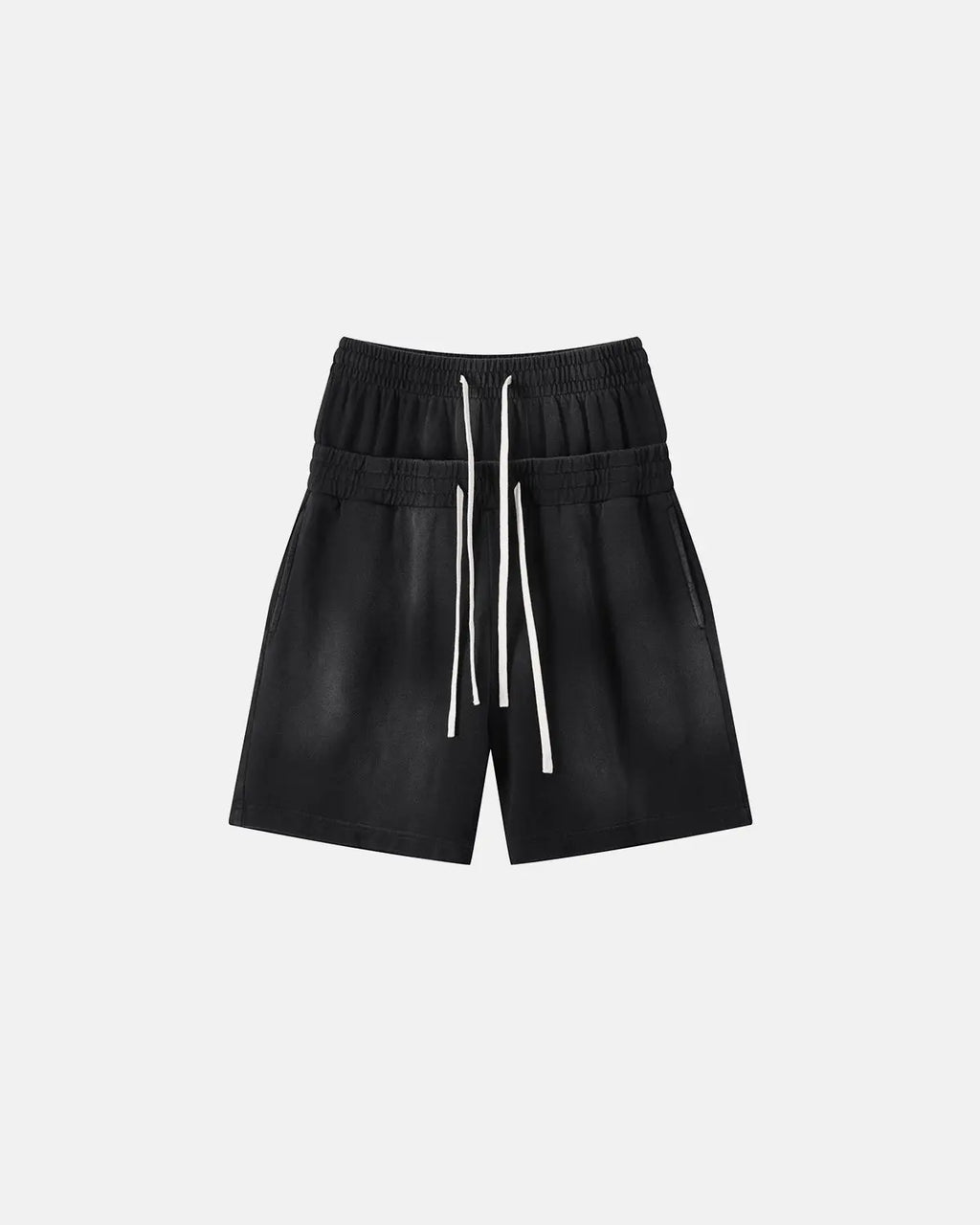 Retro brown Flation Streetwear double waist monkey wash sweat shorts, casual relaxed fit, front pockets, and comfortable fabric.