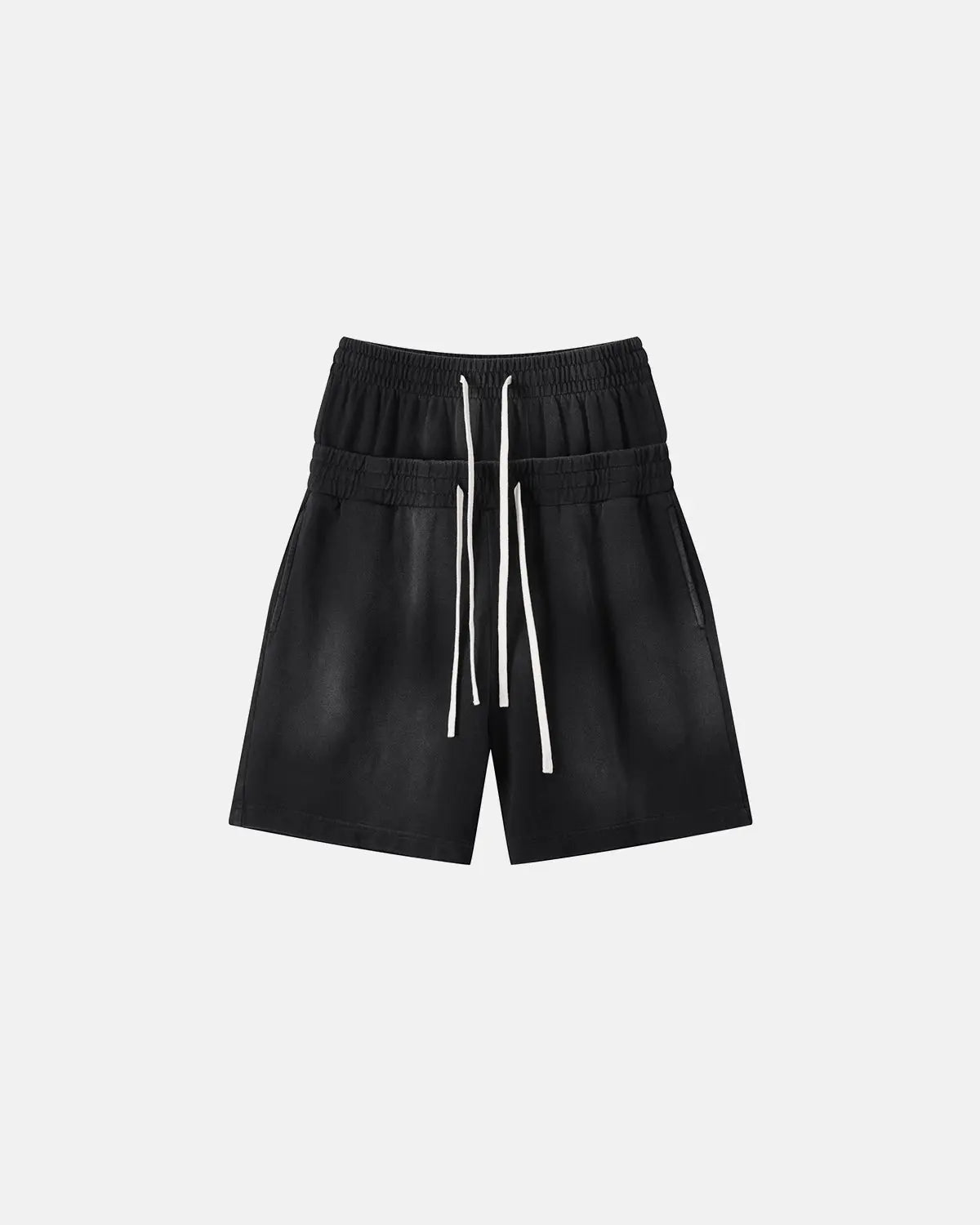 Retro brown Flation Streetwear double waist monkey wash sweat shorts, casual relaxed fit, front pockets, and comfortable fabric.