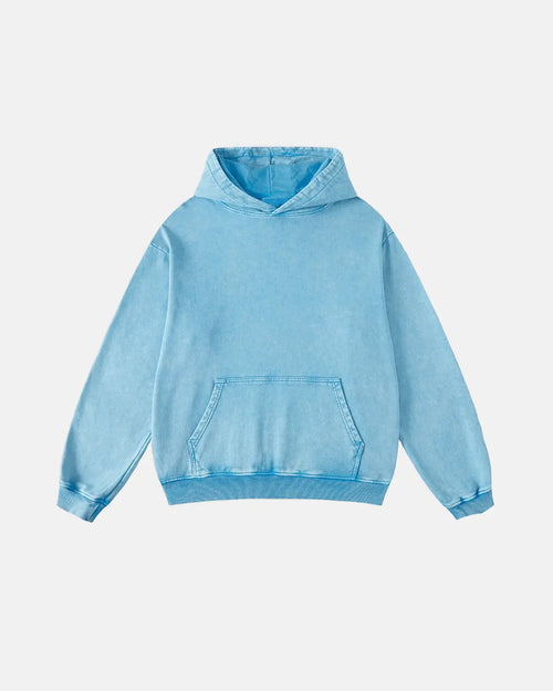 Acid washed Flation streetwear French Terry hoodie with a relaxed fit and casual style, featuring a hood and front pocket.