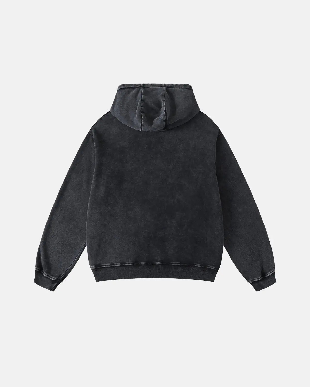 Acid washed Flation French Terry hoodie with drawstring hood and ribbed cuffs, casual streetwear style.