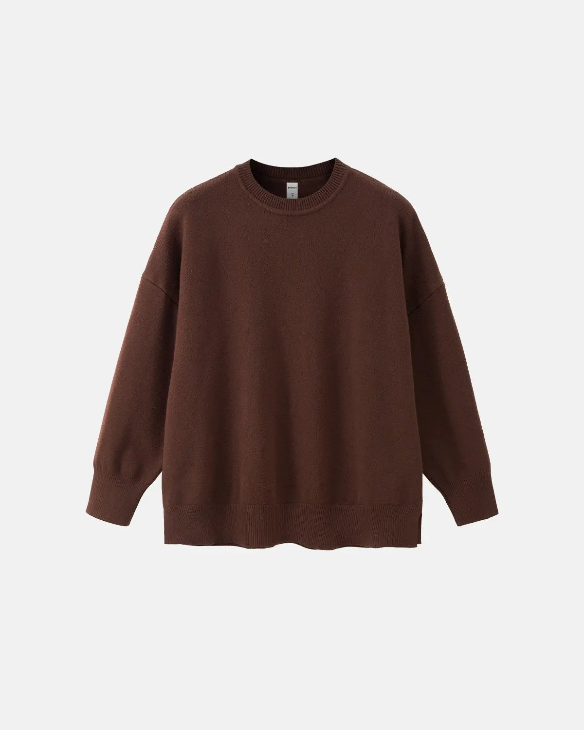 Coffee-colored Flation Streetwear crew neck knit sweater with a classic fit and ribbed cuffs, perfect for casual, stylish wear.