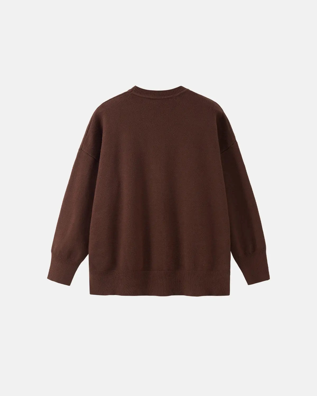 Coffee-colored Flation streetwear crew neck knit sweater with a soft, chunky texture and classic fit.