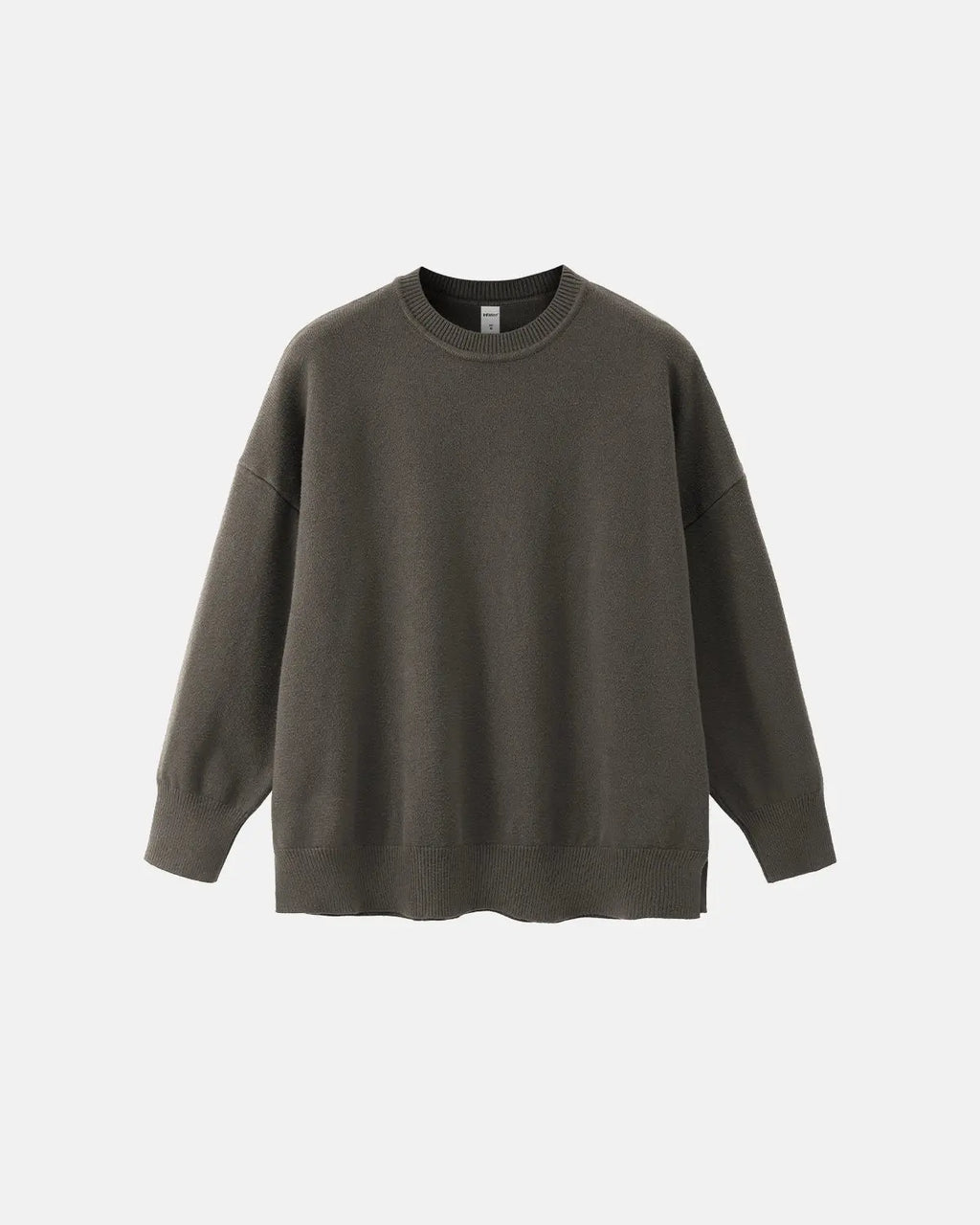 Coffee-colored Flation crew neck knit sweater featuring a cozy, fitted design, perfect for casual streetwear looks.
