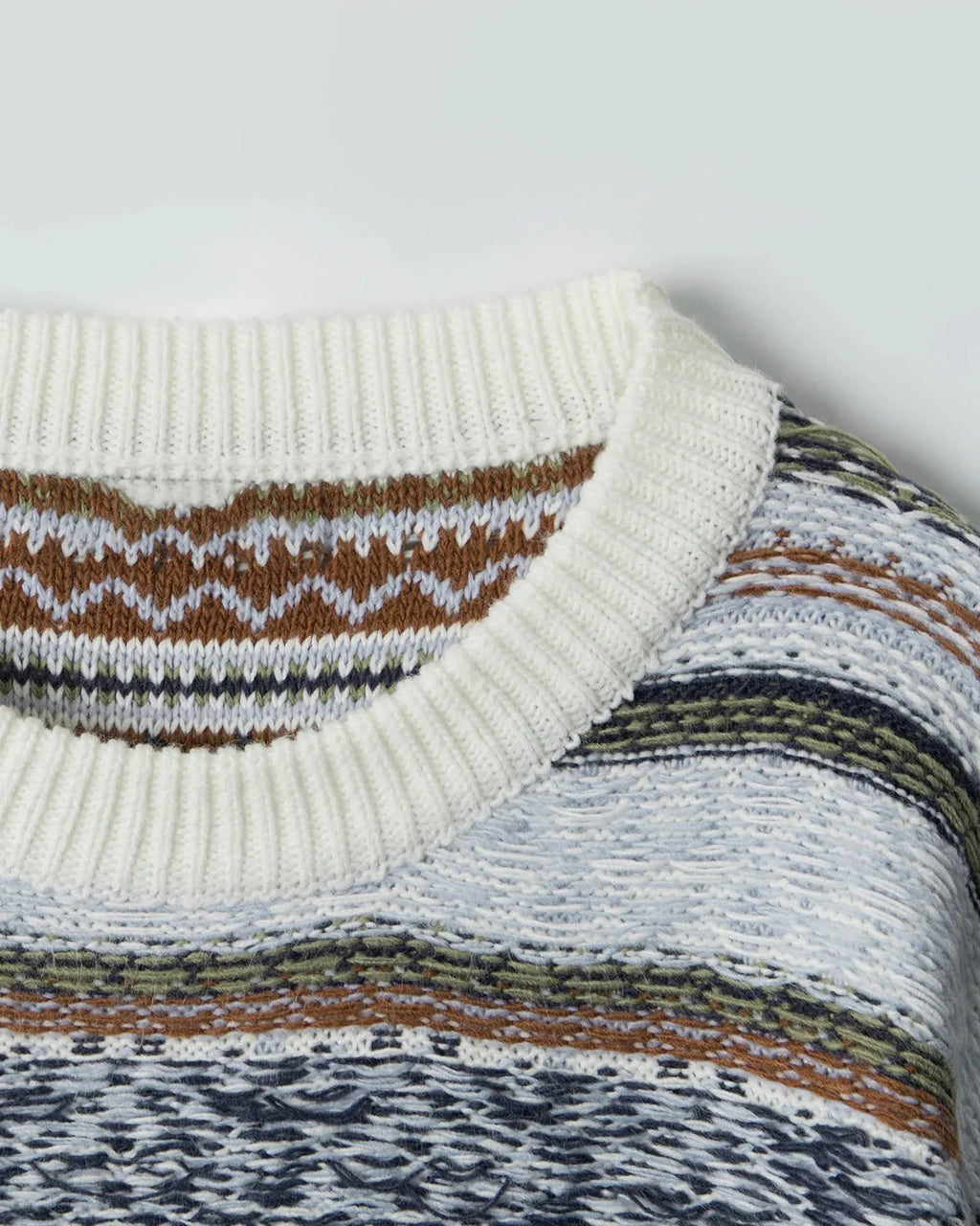 Flation Streetwear round neck stripe jacquard sweater with bold pattern and ribbed cuffs on a model.