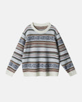Flation streetwear round neck striped jacquard sweater with bold pattern, long sleeves, and ribbed cuffs on a plain background.