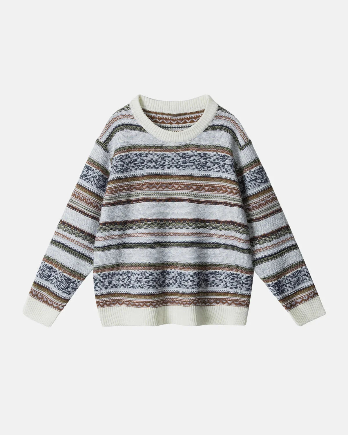 Flation streetwear round neck striped jacquard sweater with bold pattern, long sleeves, and ribbed cuffs on a plain background.