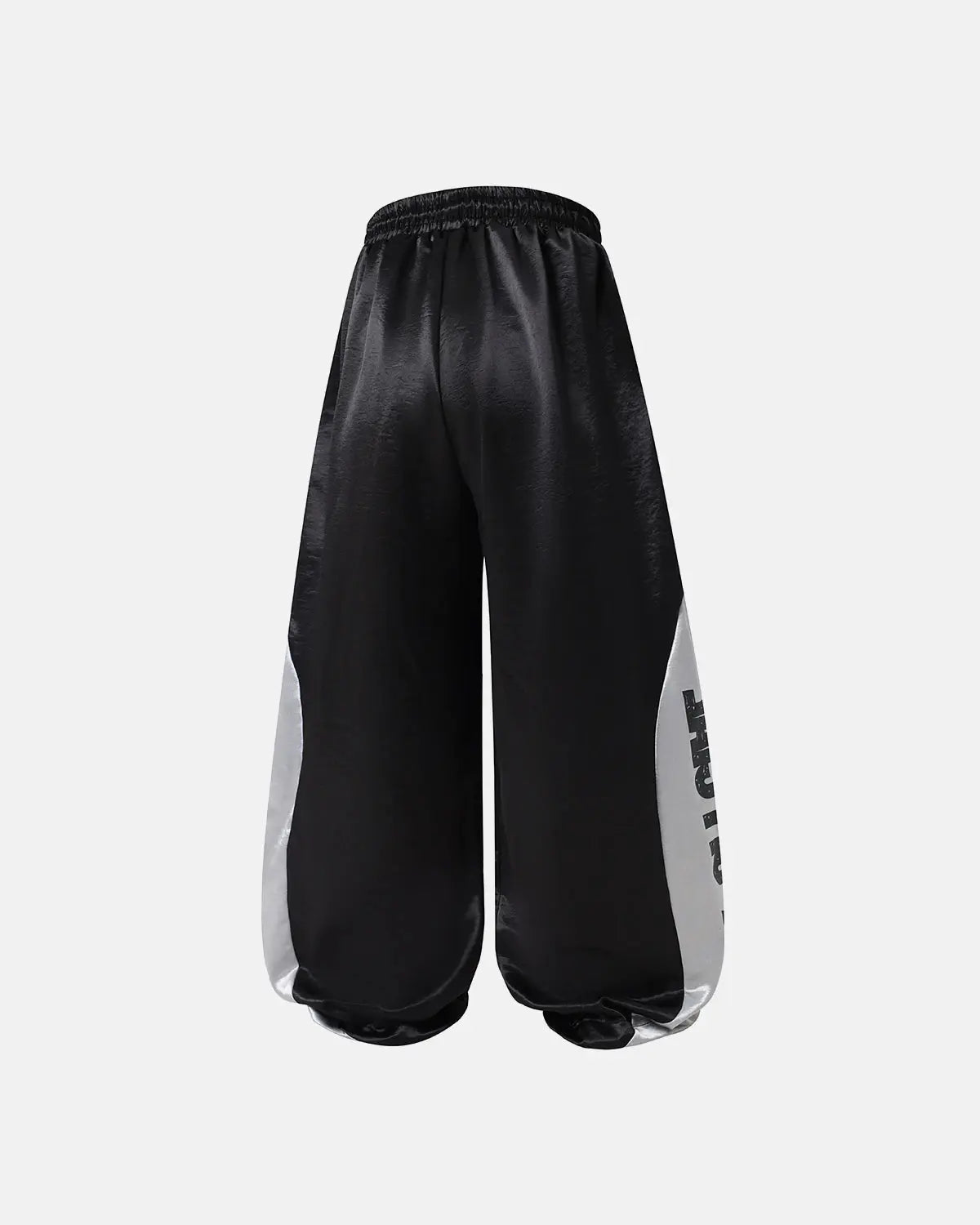 Black Flation glossy contrast barrel sweatpant featuring a sleek, shiny finish and relaxed fit for streetwear style.