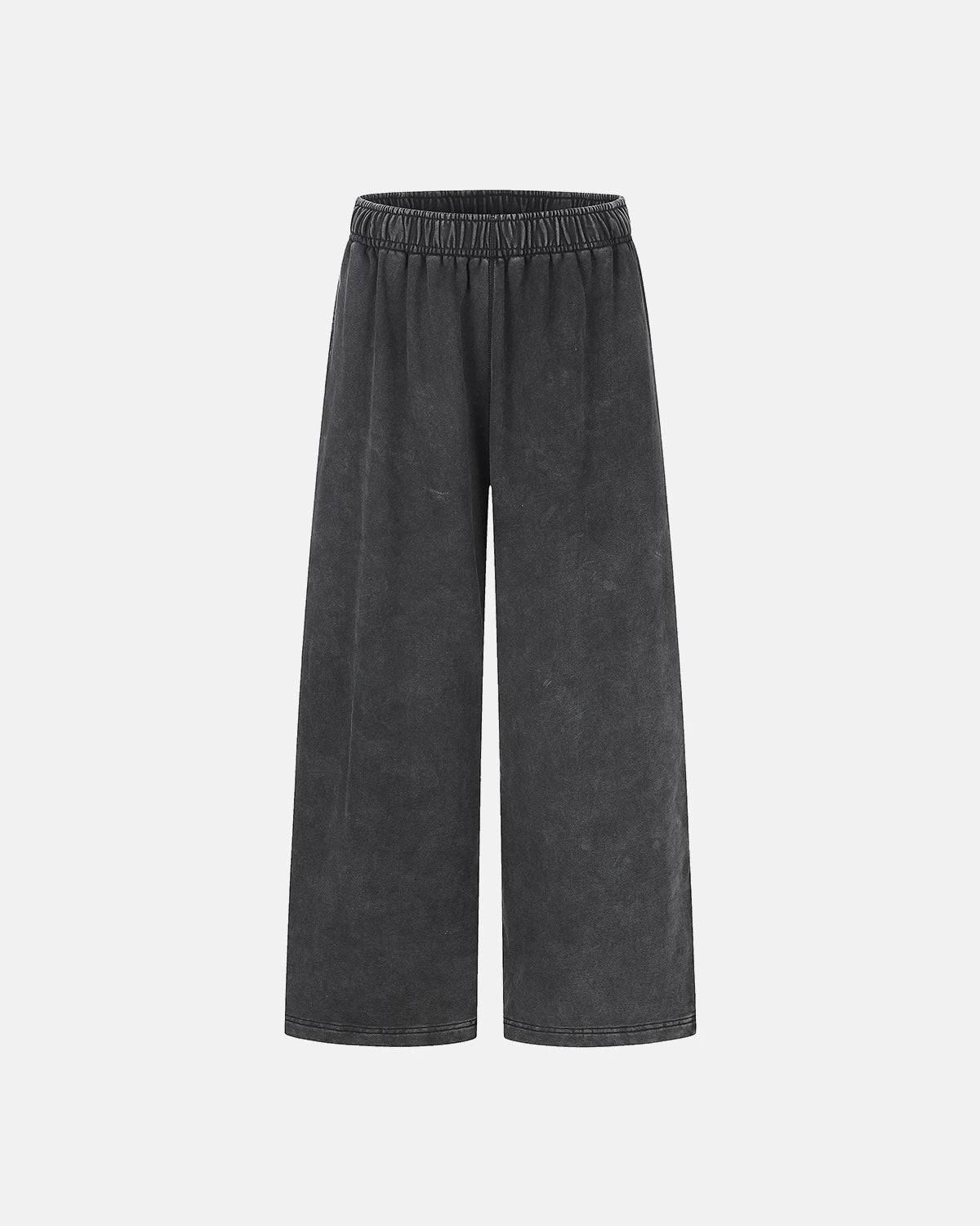 Dark grey washed graphic wide-leg sweatpants by Flation Streetwear, featuring relaxed fit and bold graphic design.