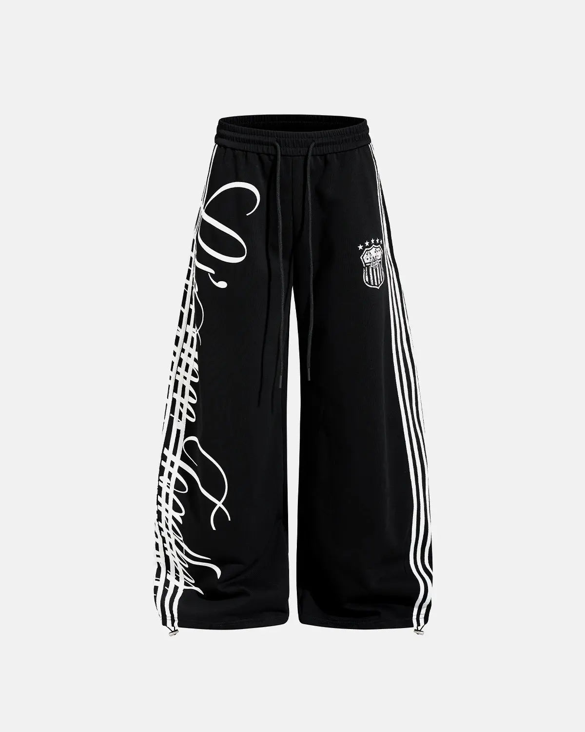 Flation Script Stripe Baggy Sweatpants featuring relaxed fit and bold stripe design, made for comfortable streetwear style.