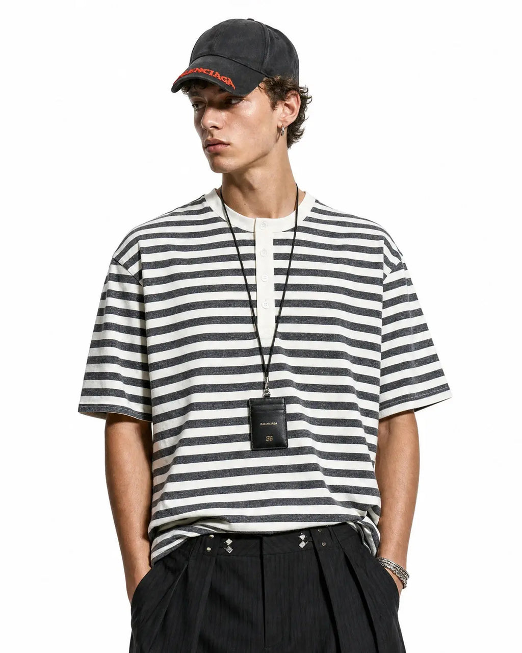 Apricot-colored Flation Streetwear striped Henley T-shirt with relaxed fit and long sleeves, casual casual style.