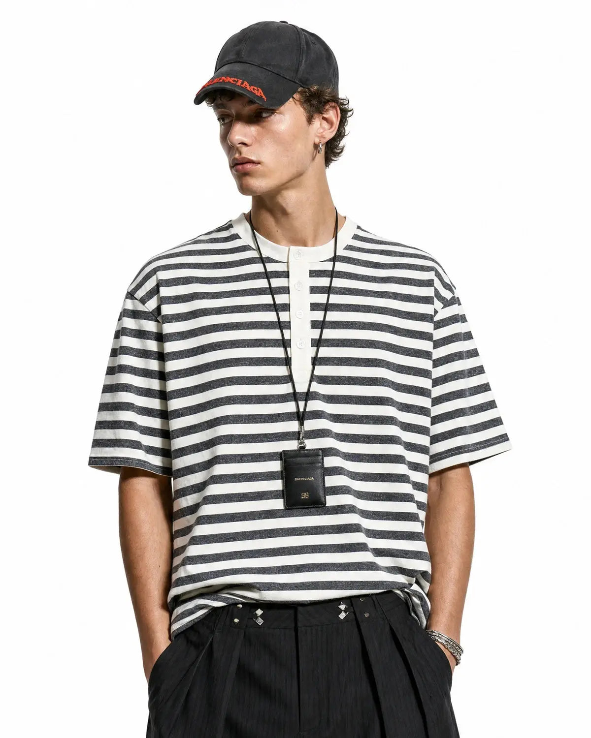 Apricot-colored Flation Streetwear striped Henley T-shirt with relaxed fit and long sleeves, casual casual style.
