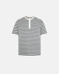 Apricot striped Flation streetwear relaxed henley T-shirt with a casual fit and buttoned neckline, designed for comfortable style.