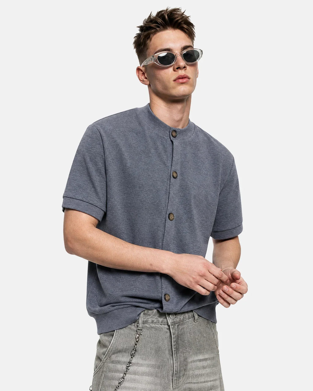 Old Money Flation Streetwear short sleeve button cardigan, stylish T-shirt with button front and classic design.