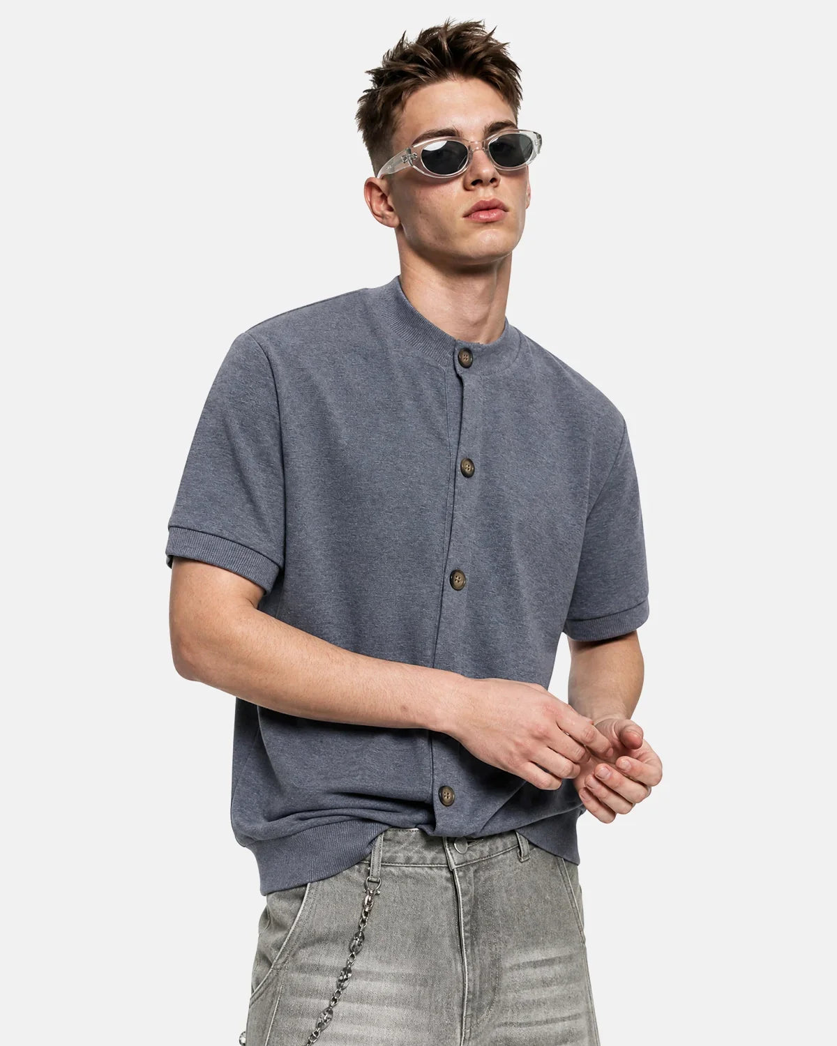 Old Money Flation Streetwear short sleeve button cardigan, stylish T-shirt with button front and classic design.