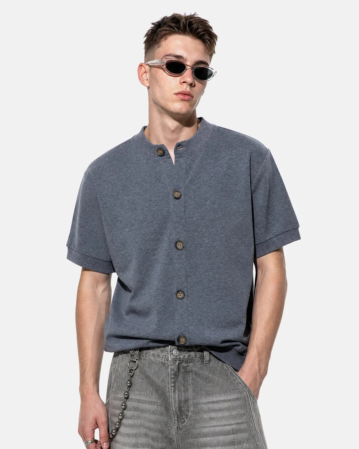Old Money Short Sleeve Button Cardigan T-shirt by Flation Streetwear, featuring a classic design with buttons and short sleeves.