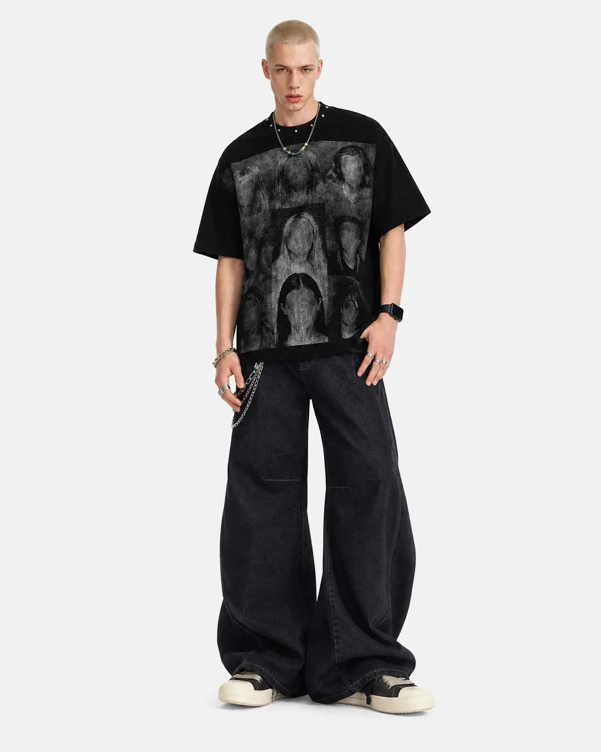 Inflation Streetwear Portrait Graphic Waffle Boxy T-Shirt, beige color, casual fit, featuring a bold graphic design on the front.