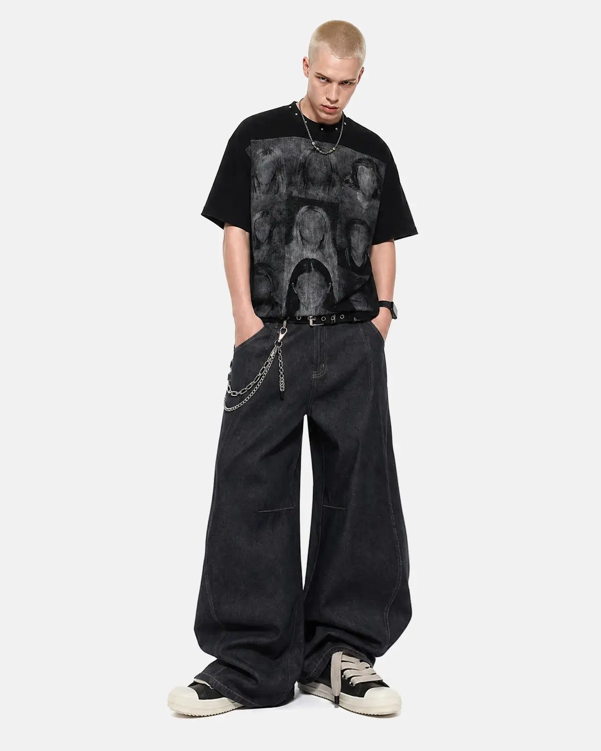 Inflation Streetwear Portrait Graphic Waffle Boxy T-Shirt in black with bold printed design, casual fit, stylish streetwear style.