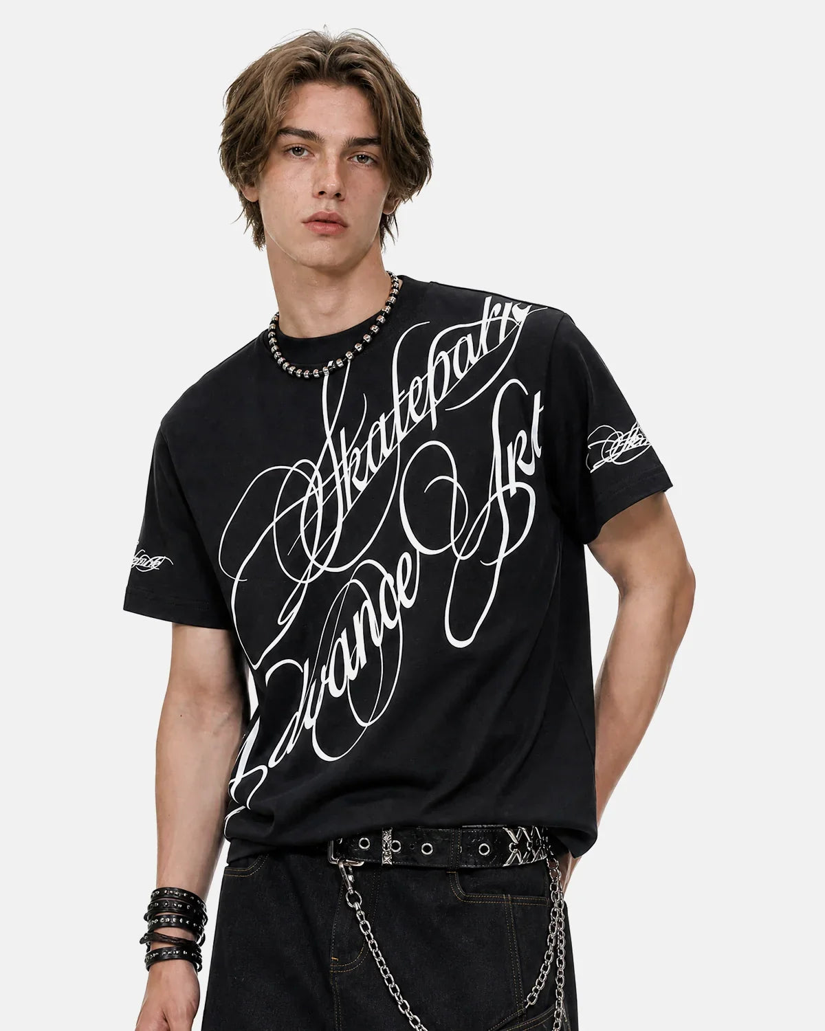 Black Flation streetwear T-shirt with all-over script graphic design, casual fit, and bold style.