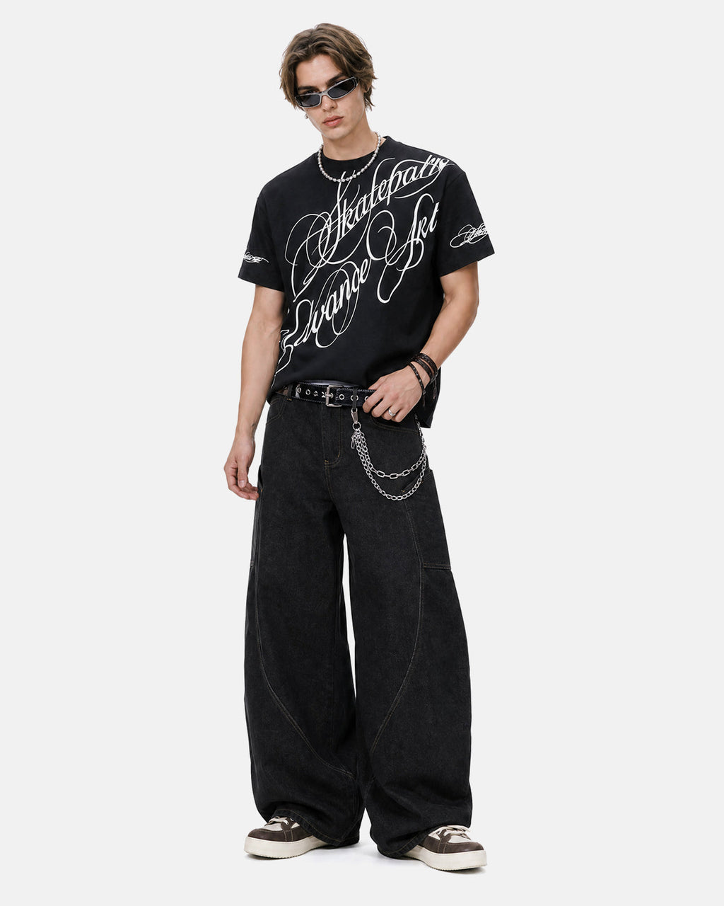Black Flation streetwear T-shirt with all-over script graphic print, casual crew neck design, and short sleeves.