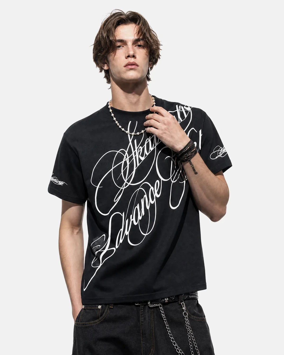 Black Flation Streetwear T-Shirt with all-over script graphic design, casual style, and comfortable fit.