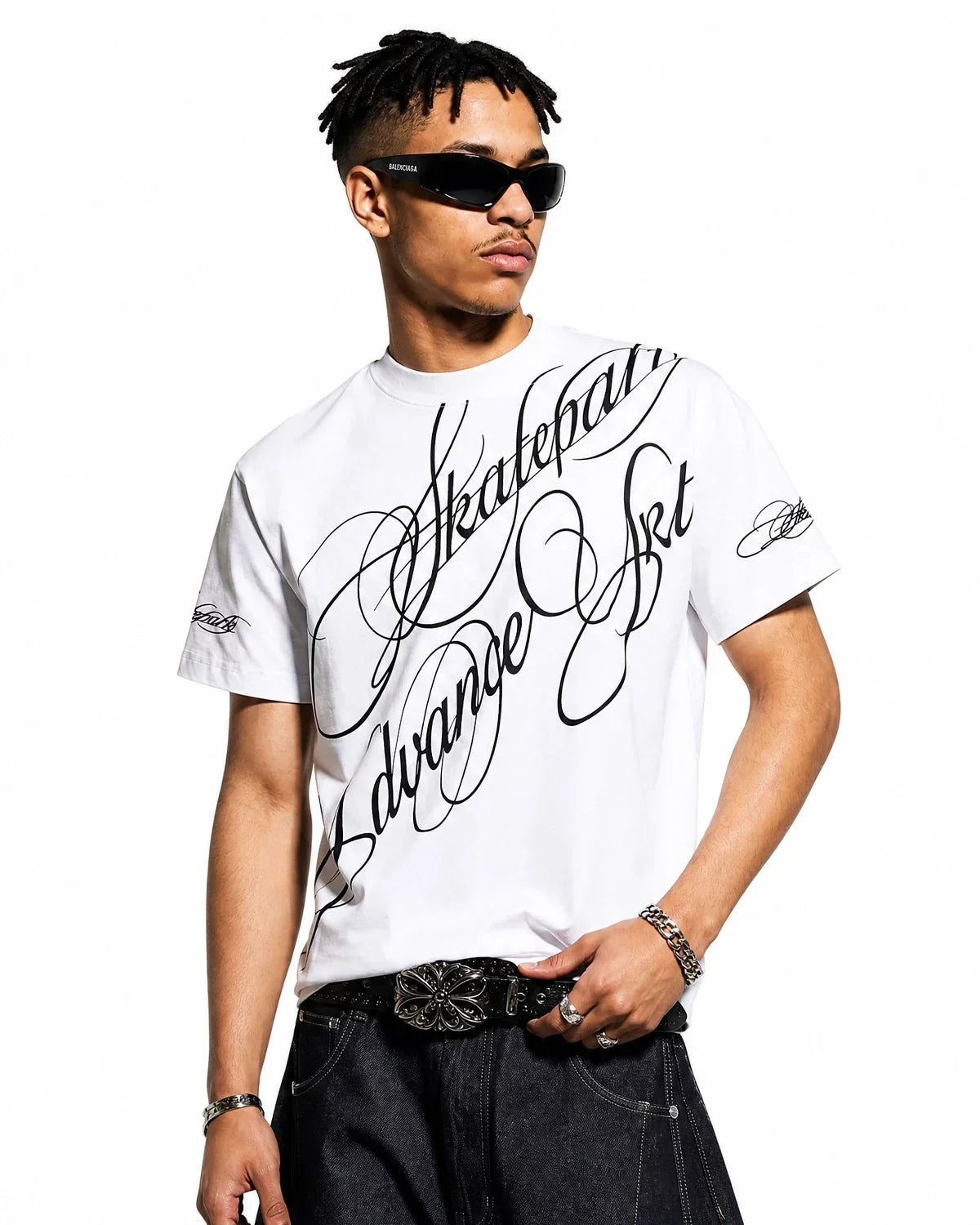 Black Flation Streetwear T-Shirt with all-over script graphic design, casual crew neck, and short sleeves.