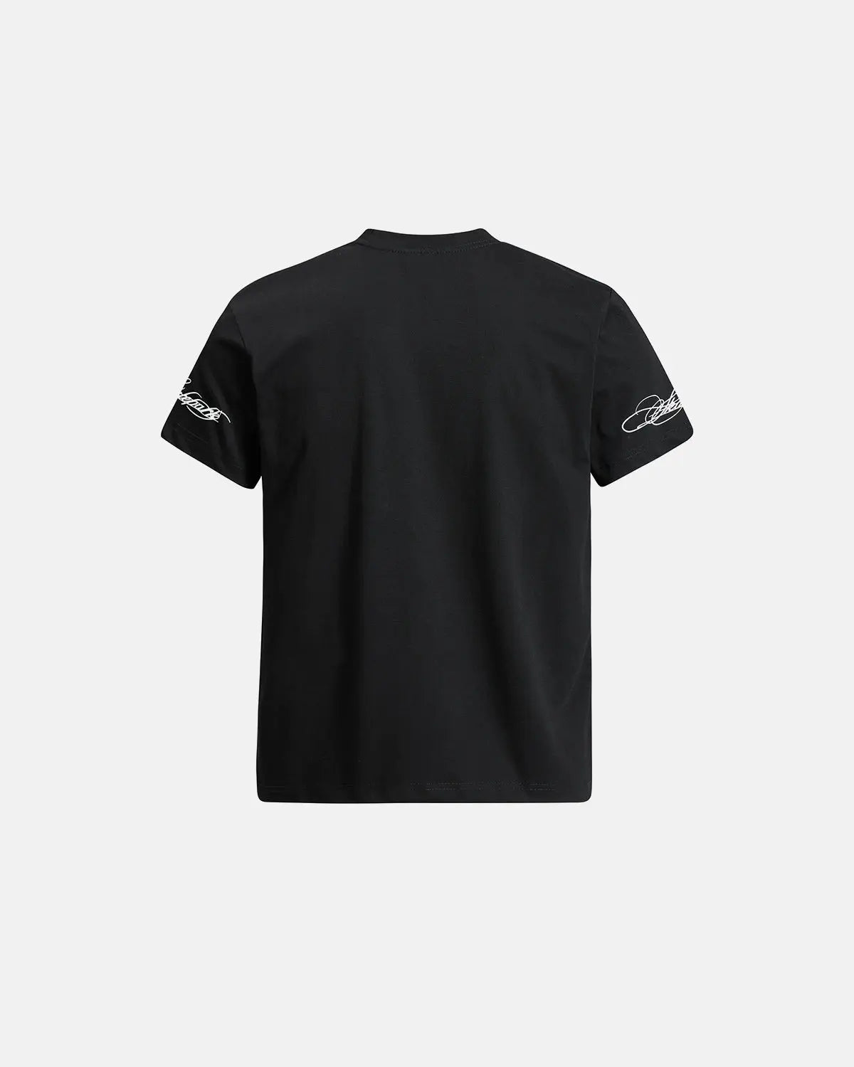 Black Flation streetwear T-shirt featuring all-over script graphic design on the front and back.