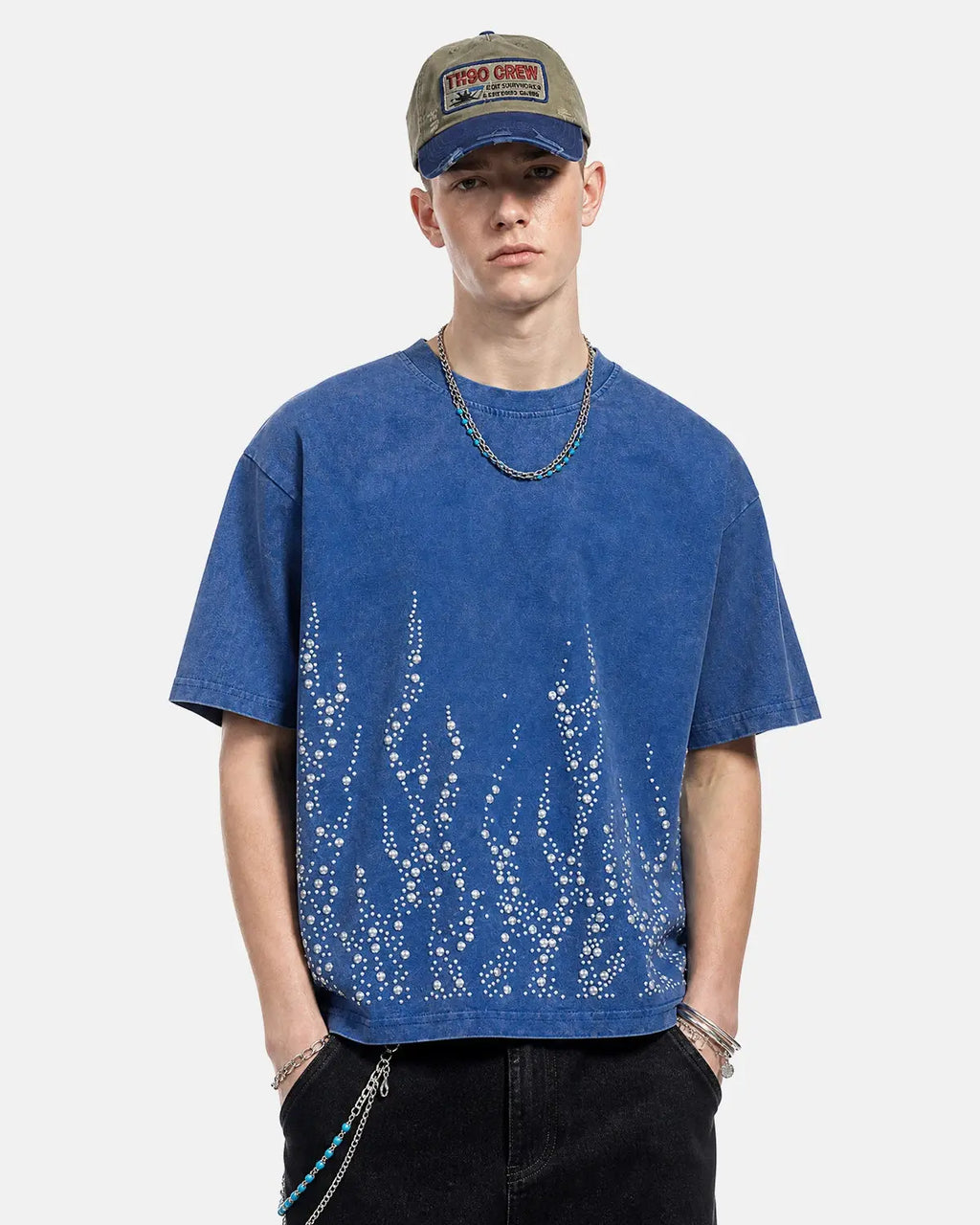 Blue washed rhinestone flame boxy T-shirt by Flation Streetwear, featuring bold flame design and relaxed fit.