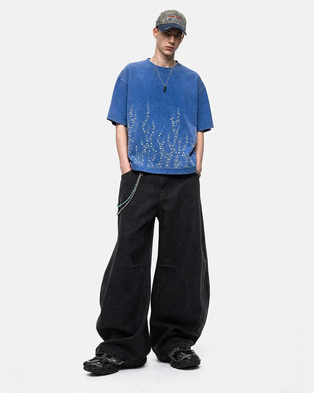 Blue washed rhinestone flame boxy T-shirt by Flation Streetwear, featuring a bold flame design on the front.
