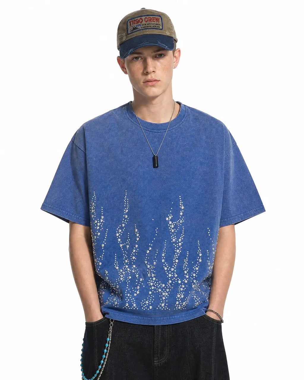 Blue washed rhinestone flame boxy T-shirt by Flation Streetwear, featuring bold flame design and casual fit.