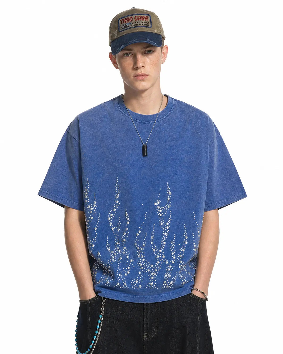 Blue washed rhinestone flame boxy T-shirt by Flation Streetwear, featuring bold flame design and casual fit.