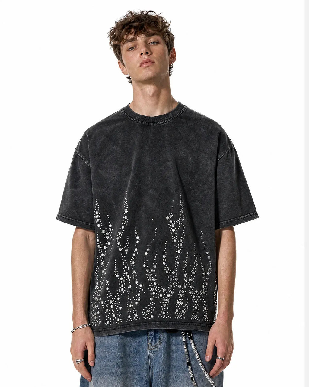 Blue washed rhinestone flame boxy T-shirt by Flation Streetwear, featuring bold flame design and relaxed fit.