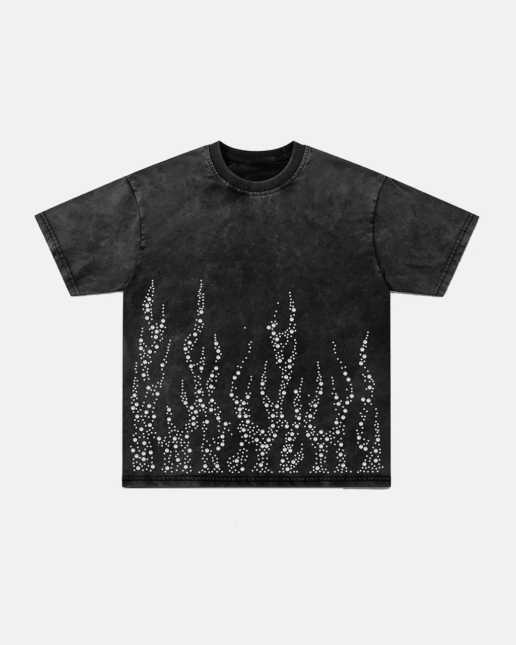Blue washed Rhinestone Flame boxy T-shirt by Flation Streetwear, featuring a flame design and relaxed fit.