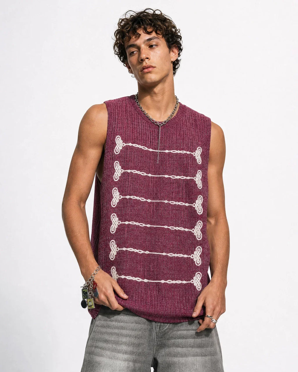 Black embroidered knit tank top by Flation Streetwear, featuring a stylish T-shirt design with detailed embroidery.
