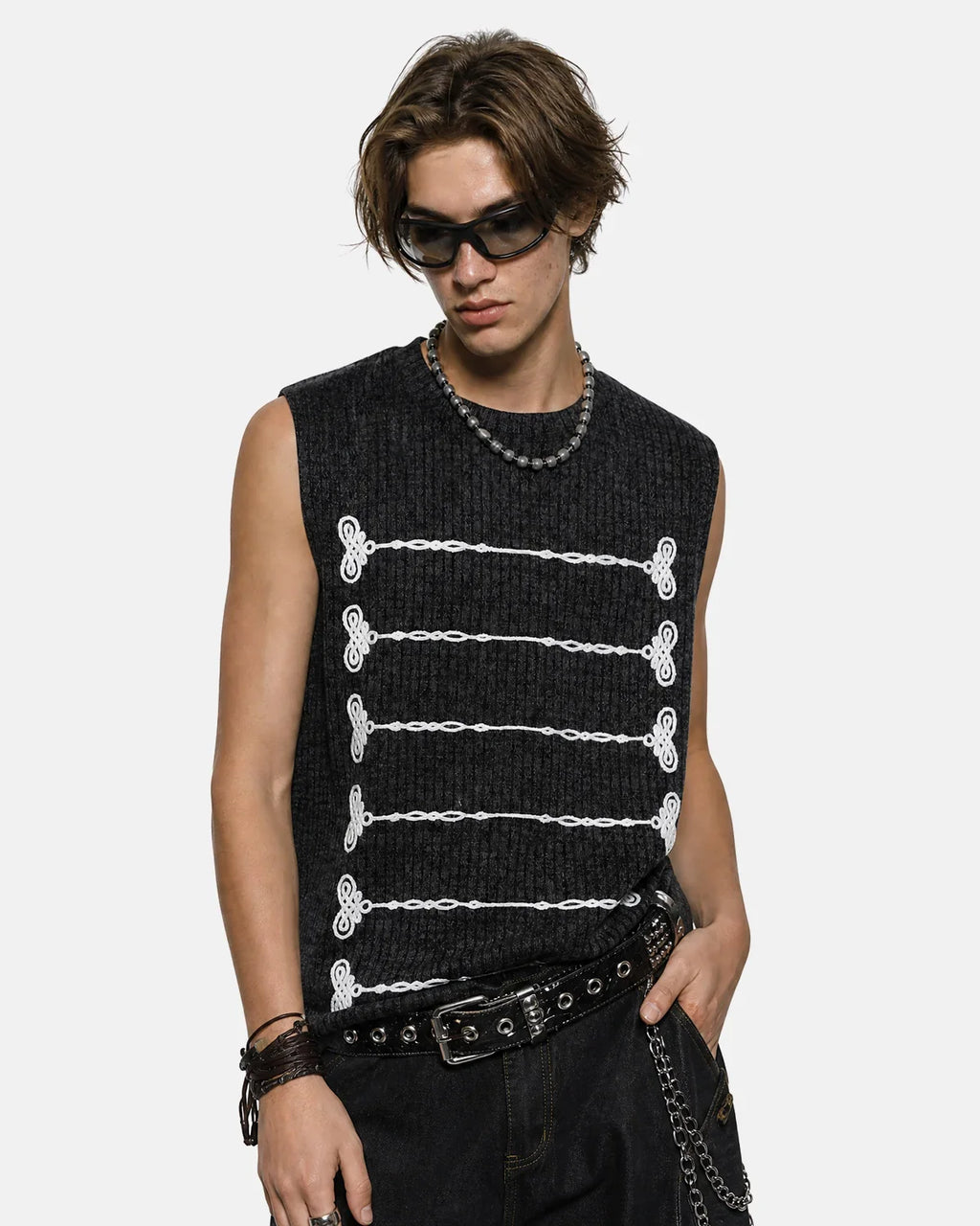 Black embroidered knit tank top by Flation Streetwear, featuring a stylish sleeveless design and intricate embroidery details.