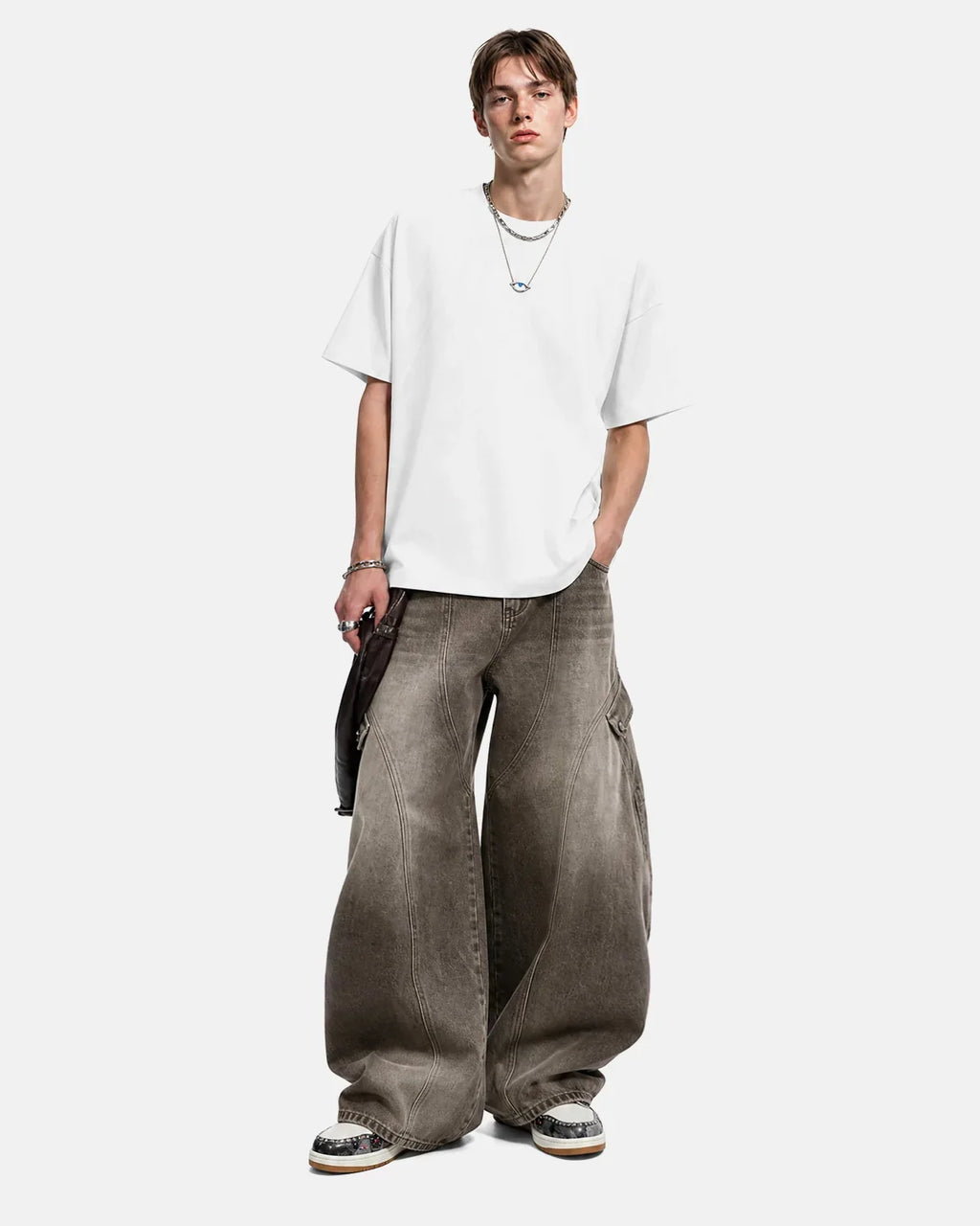 Off-white Flation Streetwear boxy deconstructed T-shirt with relaxed fit and modern design, displayed on a hanger.