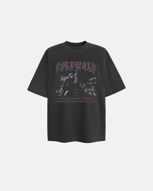 Black washed Gothic graphic T-shirt by Flation featuring dark, edgy design and streetwear style, with visible graphic print.