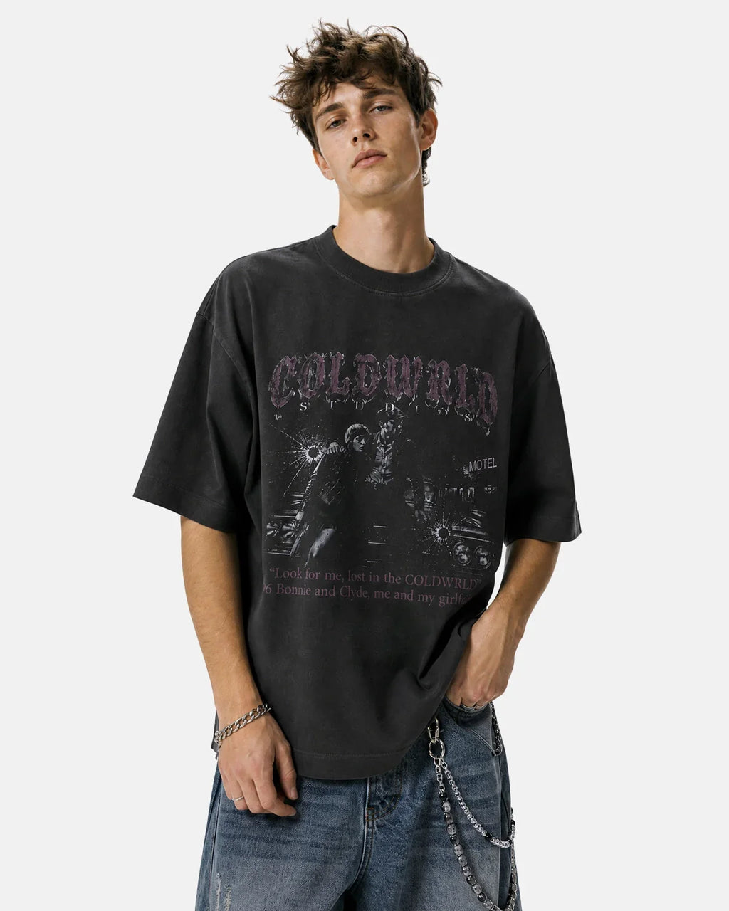 Black washed Gothic graphic T-shirt by Flation with dark, edgy design and distressed fabric, showcasing streetwear style.