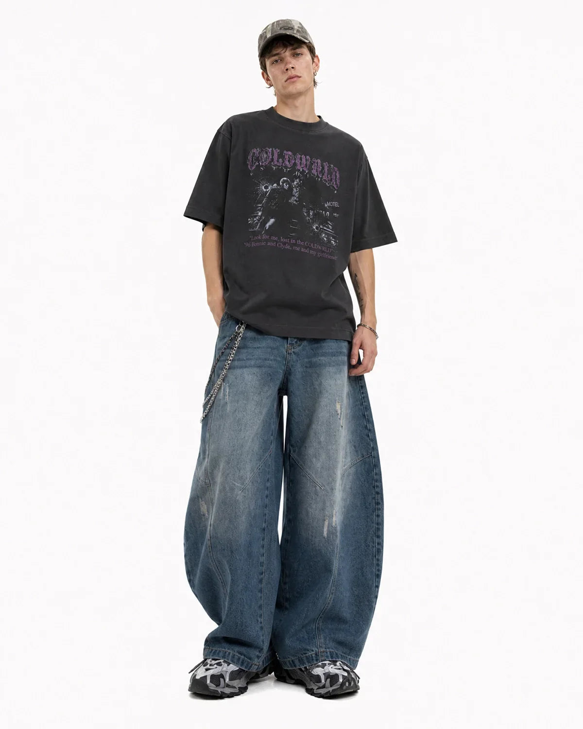 Black washed gothic graphic T-shirt by Flation featuring dark, distressed design and bold print on soft cotton fabric.