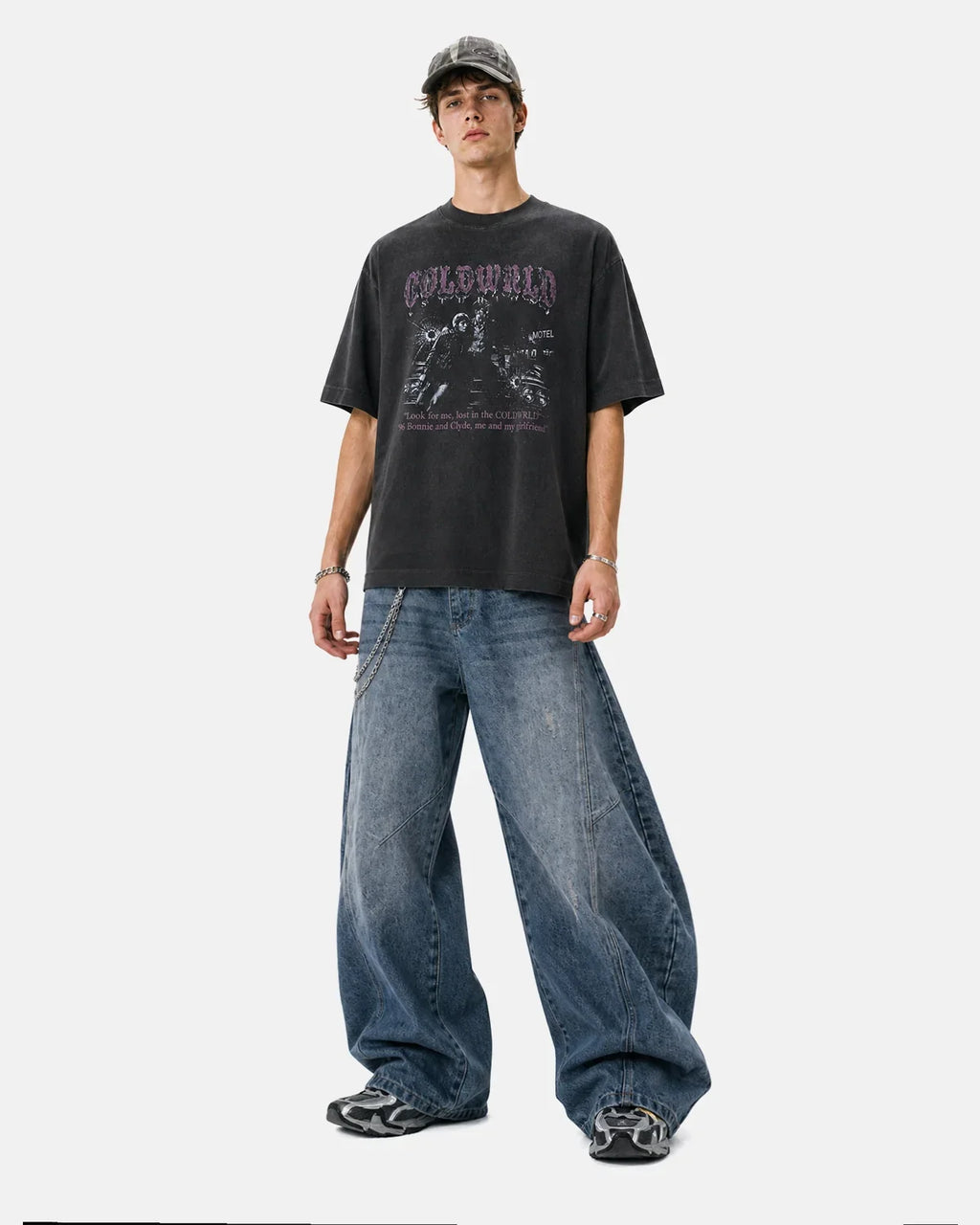Black washed Gothic graphic T-shirt by Flation featuring bold design and streetwear style, displayed on a plain background.
