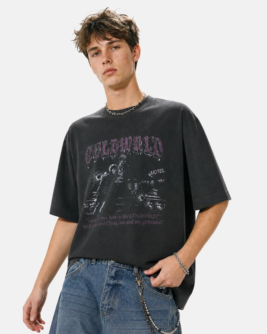 Black washed gothic graphic T-shirt by Flation featuring dark, edgy design and streetwear style, displayed flat on a white background.