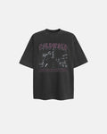 Black washed Gothic graphic T-shirt by Flation with bold printed design, casual streetwear style, and comfortable fit.