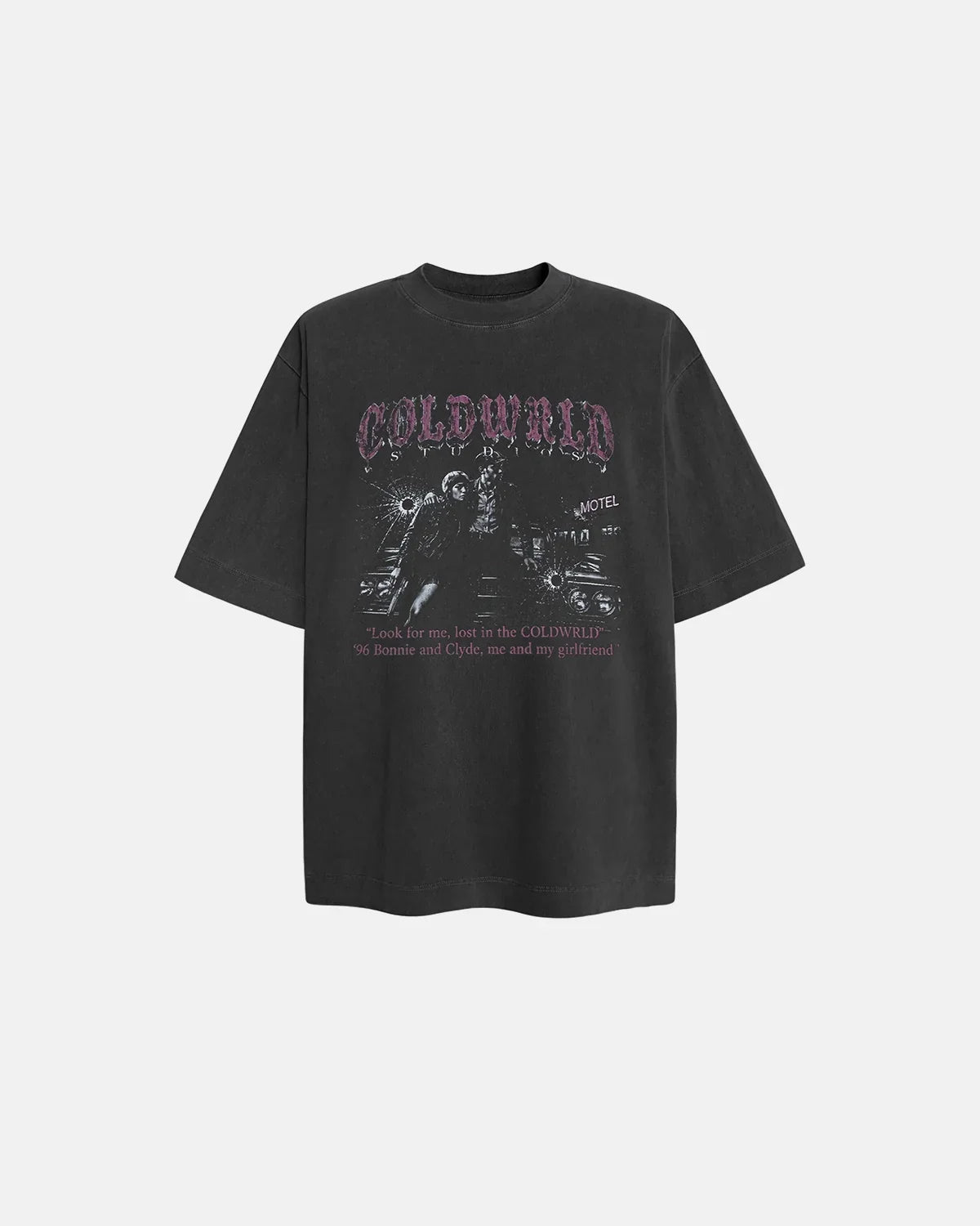 Black washed Gothic graphic T-shirt by Flation with bold printed design, casual streetwear style, and comfortable fit.
