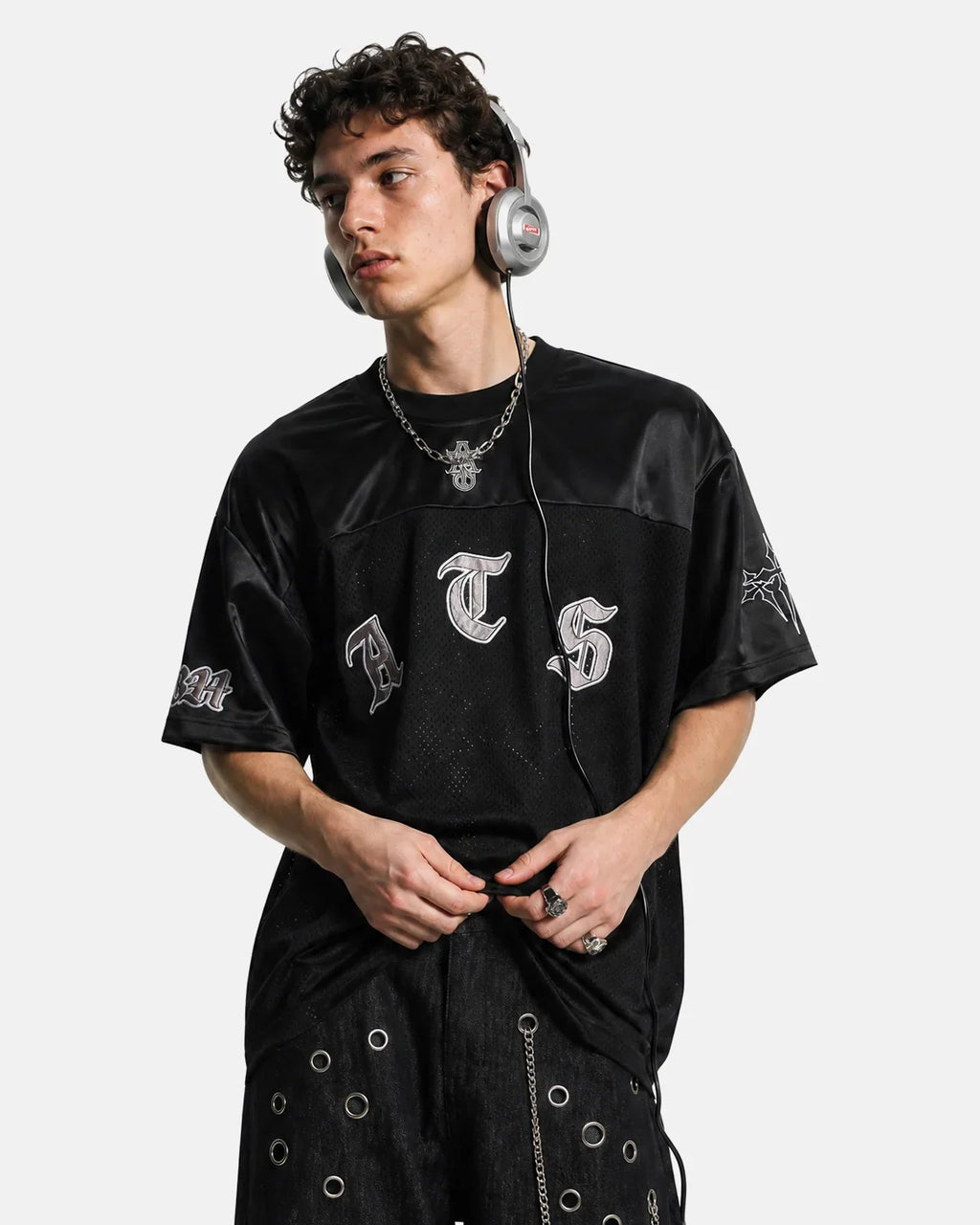 Black Gothic Embroidered Mesh Jersey T-Shirt by Flation Streetwear featuring intricate gothic embroidery on lightweight mesh fabric.