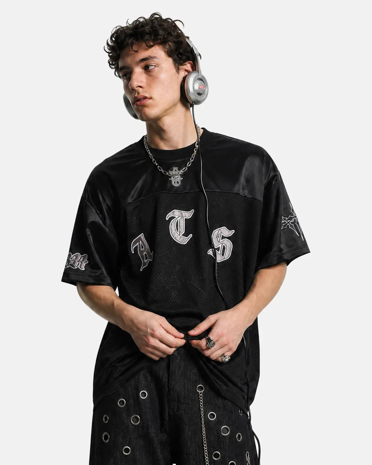 Black Gothic Embroidered Mesh Jersey T-Shirt by Flation Streetwear featuring intricate gothic embroidery on lightweight mesh fabric.
