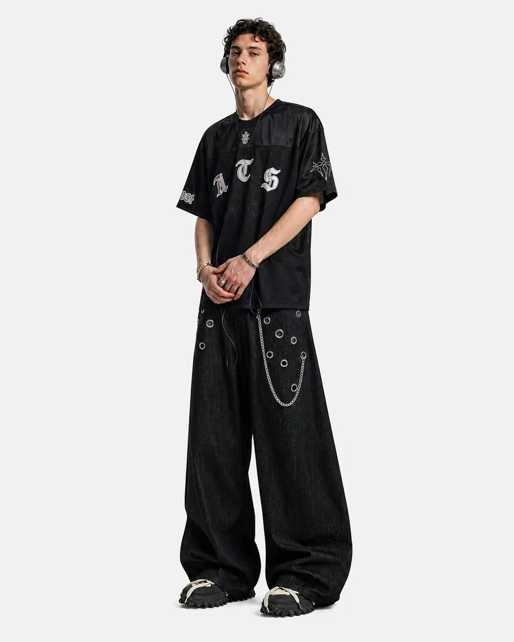 Black Flation Gothic embroidered mesh jersey T-shirt with intricate embroidery and see-through mesh design.