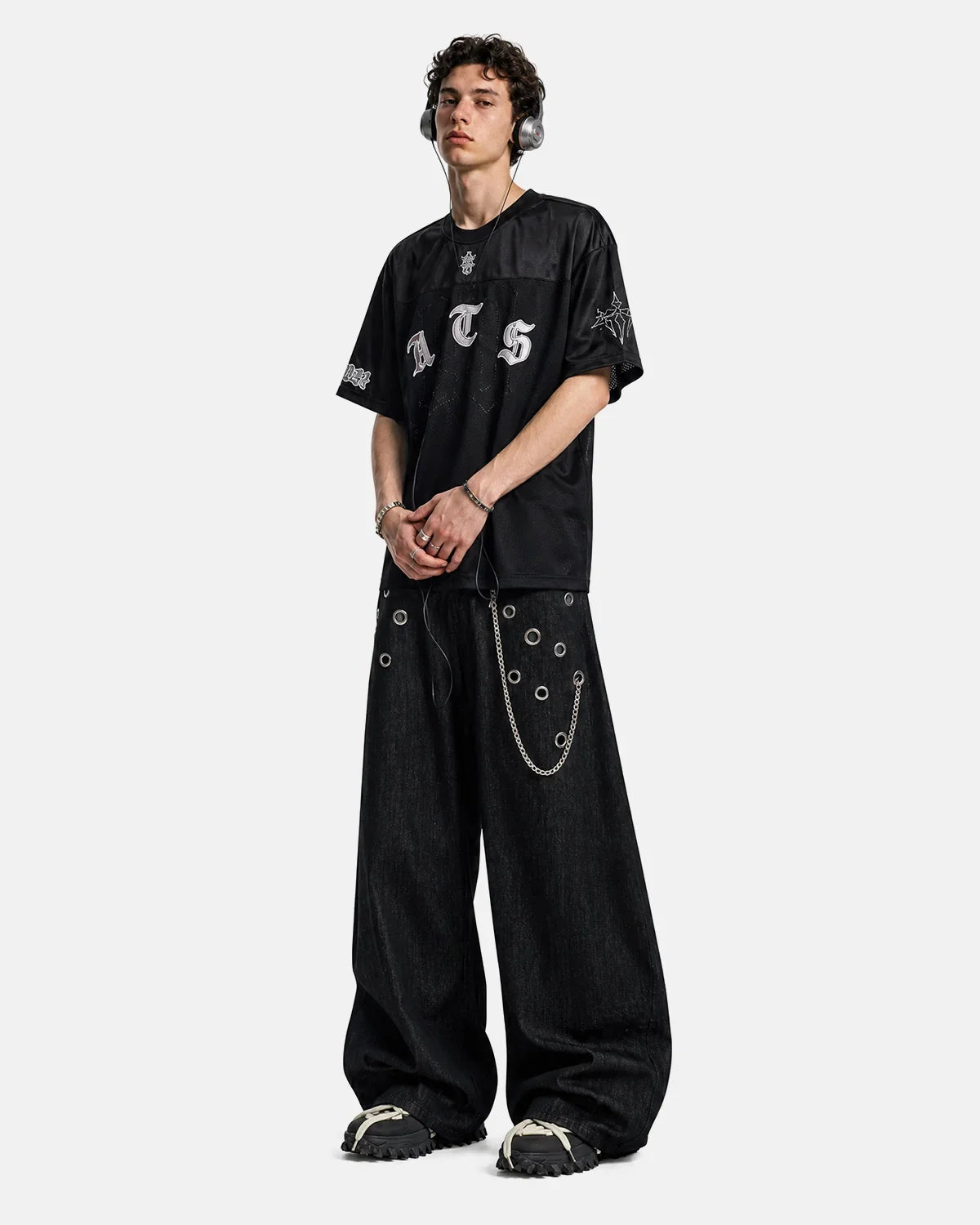 Black Flation Gothic embroidered mesh jersey T-shirt with intricate embroidery and see-through mesh design.