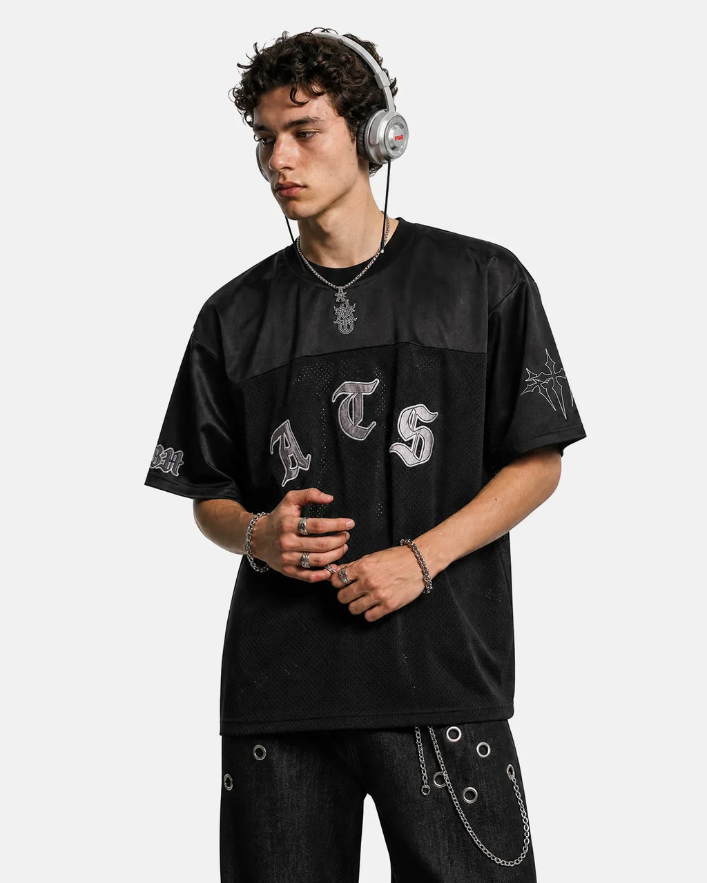 Black Gothic embroidered mesh jersey t-shirt by Flation Streetwear featuring intricate gothic embroidery and lightweight mesh fabric.