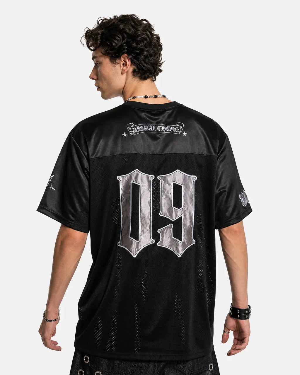 Black Gothic embroidered mesh jersey T-shirt by Flation Streetwear featuring intricate gothic embroidery and lightweight mesh fabric.