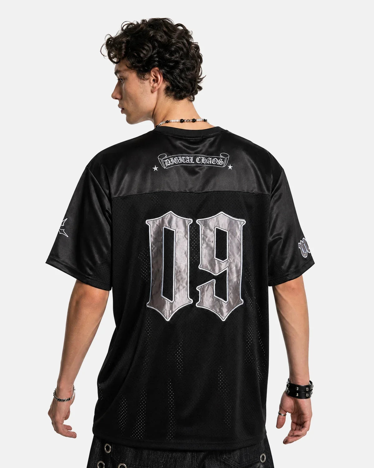 Black Gothic embroidered mesh jersey T-shirt by Flation Streetwear featuring intricate gothic embroidery and lightweight mesh fabric.