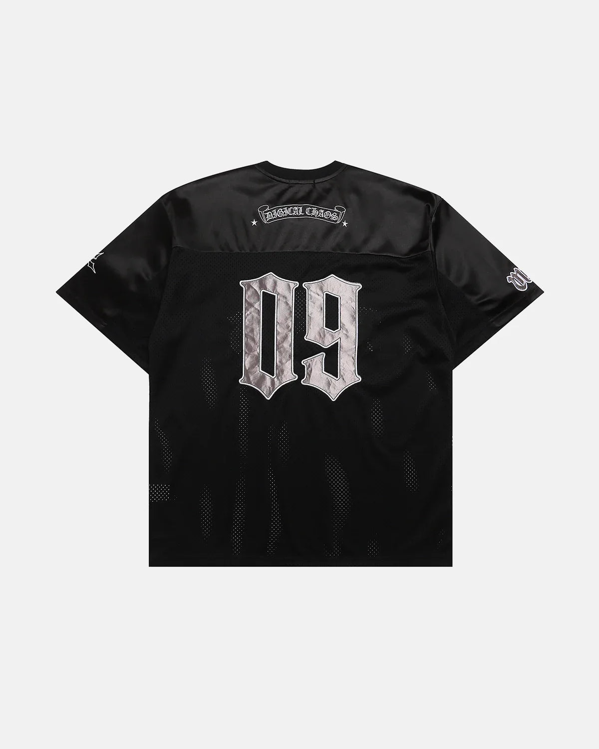 Black Gothic embroidered mesh jersey t-shirt by Flation Streetwear featuring intricate gothic embroidery and breathable mesh fabric.